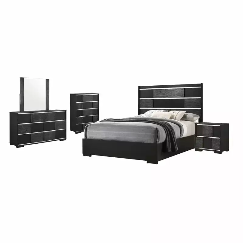 Pemberly Row 5-piece Eastern King Panel Wood Bedroom Set in Black