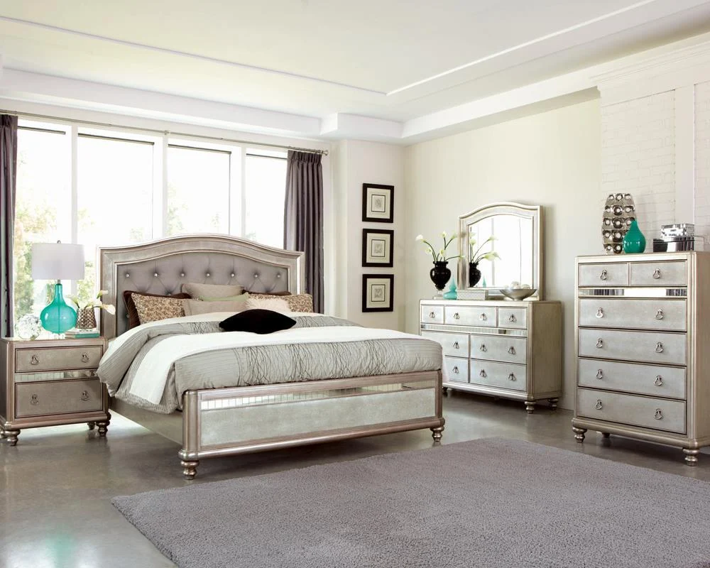 Bling Game Eastern King Panel Bed in Metallic Platinum Finish with Headboard