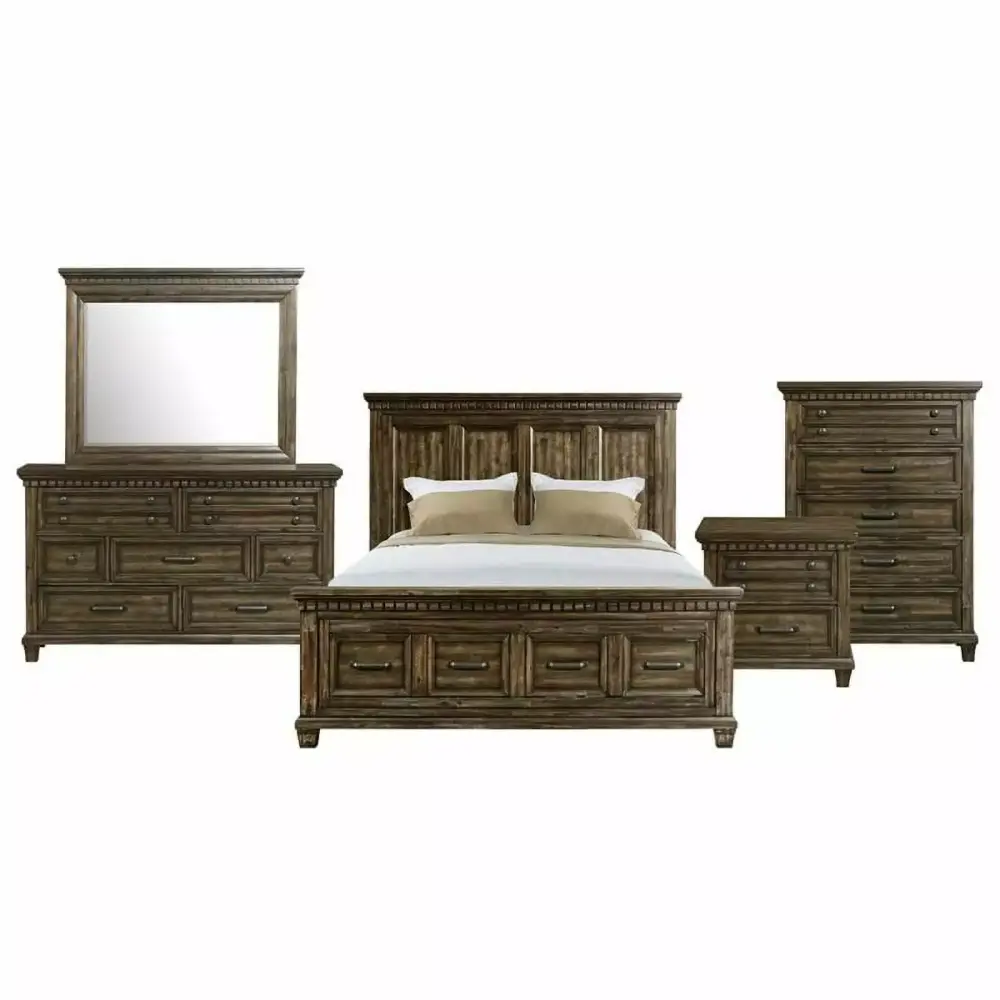 Bowery Hill Modern Espresso Finish 6-Piece King Panel Bedroom Set - Classic Bedroom Furniture