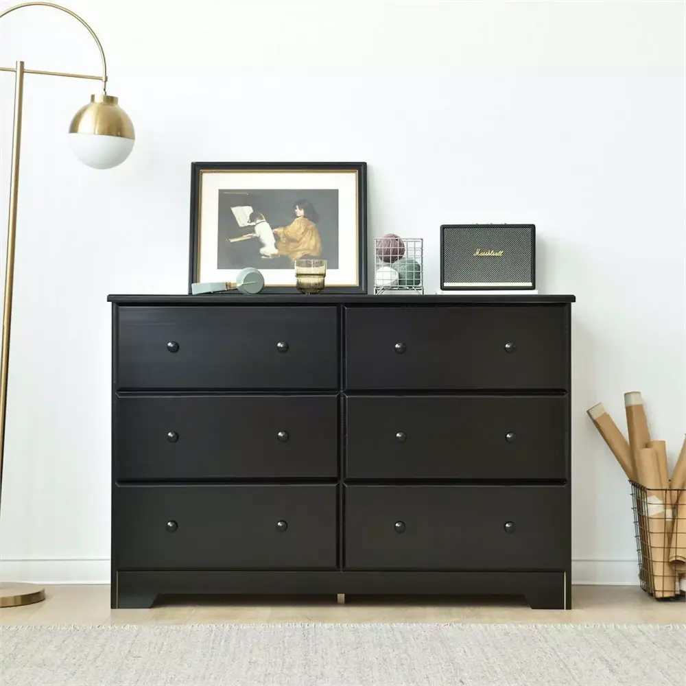 Better Home Products Solid Pine Wood 6 Drawer Double Dresser in Black