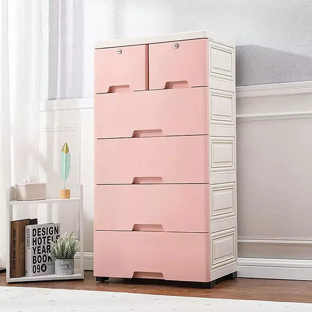 Fichiouy Plastic Drawers Dresser Storage Cabinet with 6 Drawers Vertical Clothes Storage Tower Furniture Pink