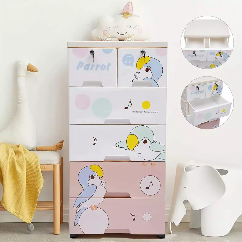 6 Drawer Dresser Chest Clothes Storage Modern Bedroom Plastic Cabinet with Wheels