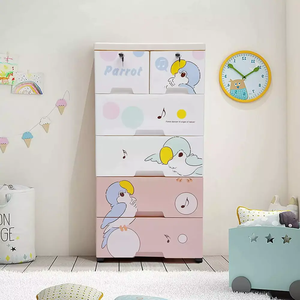 FETCOI Plastic Cabinet 6 Drawer Plastic Dresser Storage Cabinet Parrot Pattern Kids Room