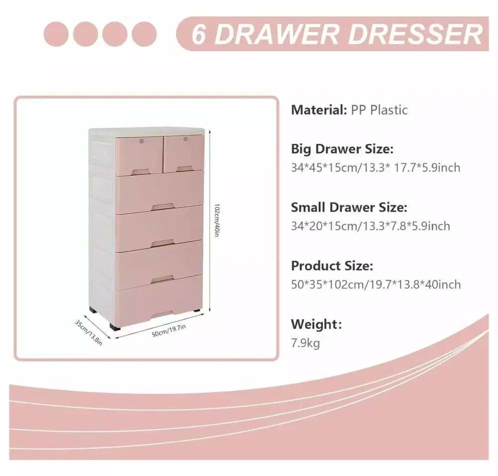 6 Drawer Storage Plastic Dresser for Kids Bedroom, Plastic Chest of Drawers with Wheels