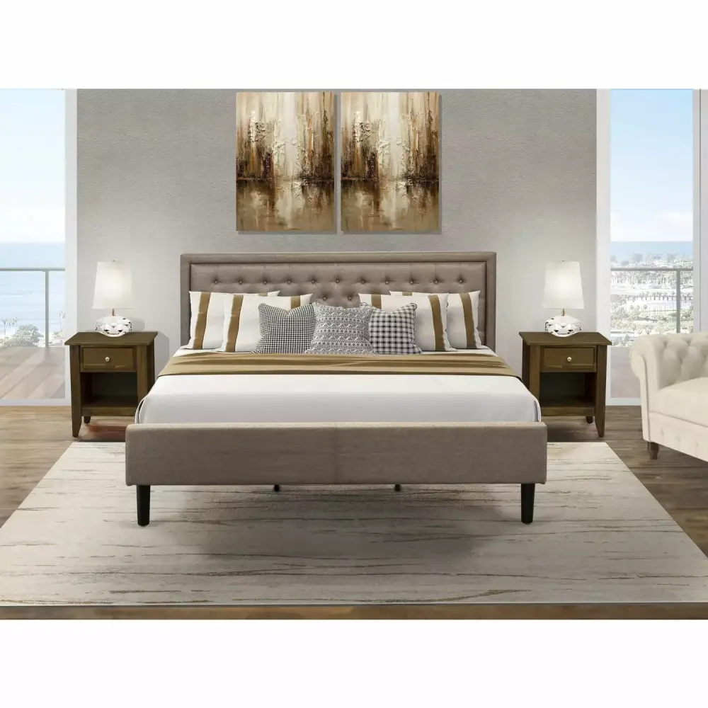 East West Furniture 3-Piece Wood Platform Bedroom Set in Dark Khaki Brown and Walnut