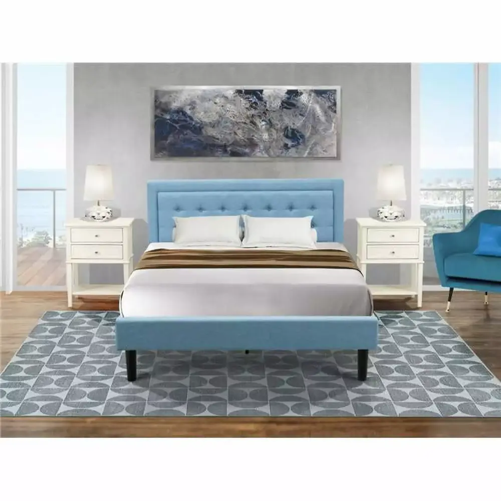 3 Piece Fannin Platform Wooden Bedroom Set in Denim Blue, Black & Wire Brushed Butter Cream