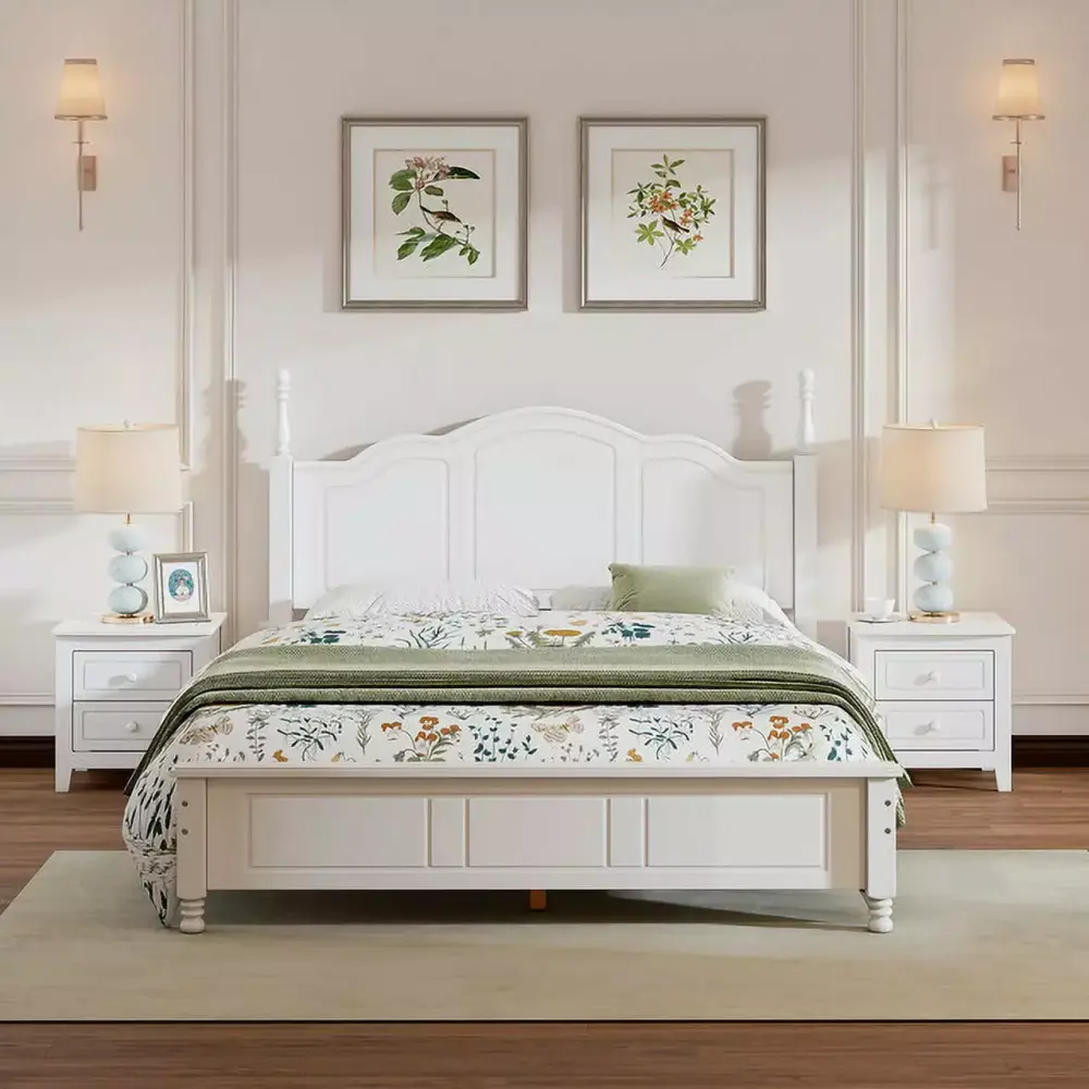 3-Piece White Queen Wood Platform Bed Set with Retro Design Nightstands