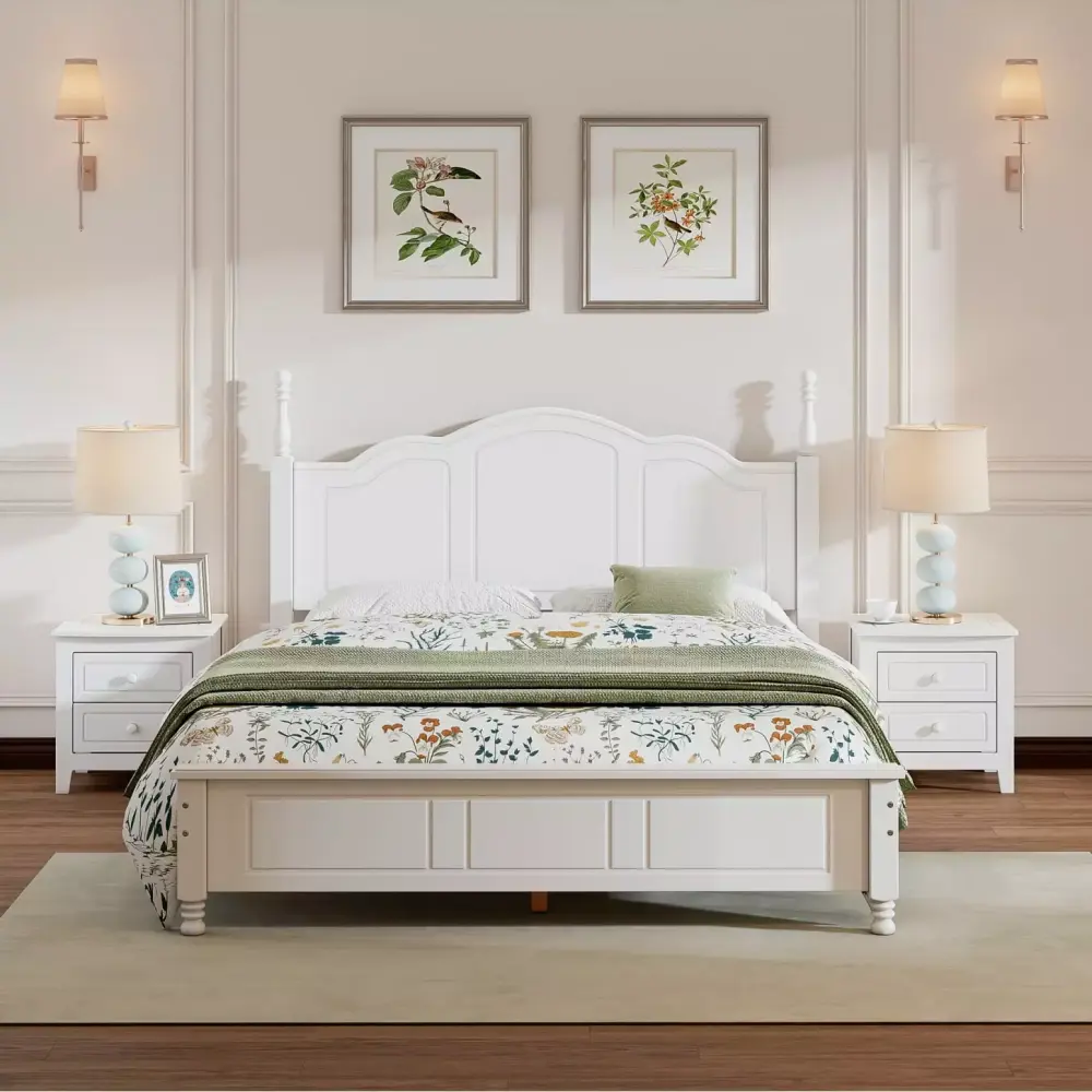 Complete 3-Piece White Queen Wood Platform Bed Set with Retro Nightstands