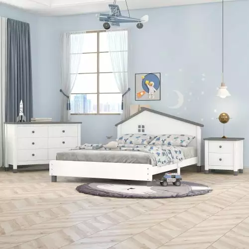 3-Piece Full Size Platform Bed Nightstand Storage Dresser White Gray
