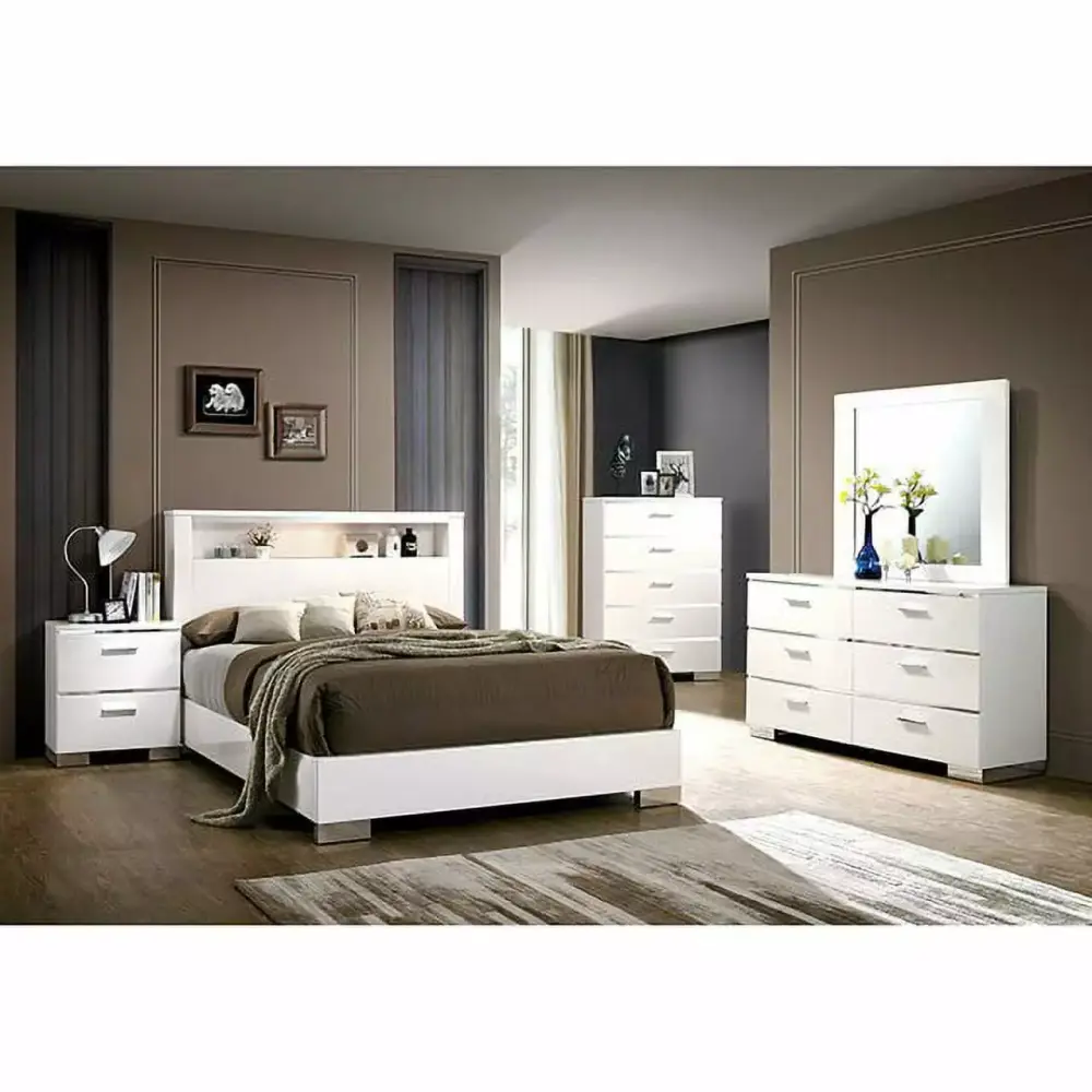 4pc Queen Size Platform Bedroom Set with Headboard Shelves White Finish