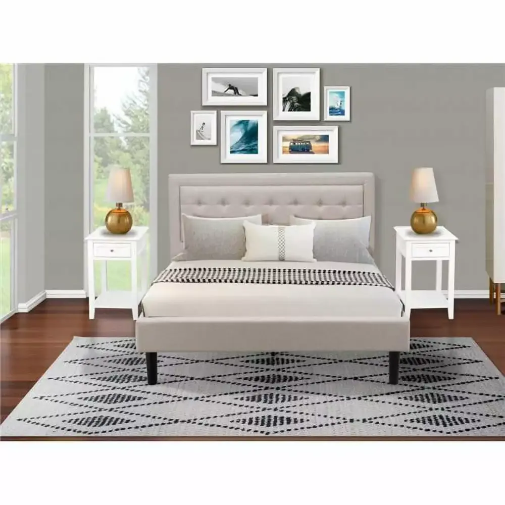 3 Piece Fannin Platform Queen Size Bedroom Set in Mist Beige Black and Distressed Jacobean