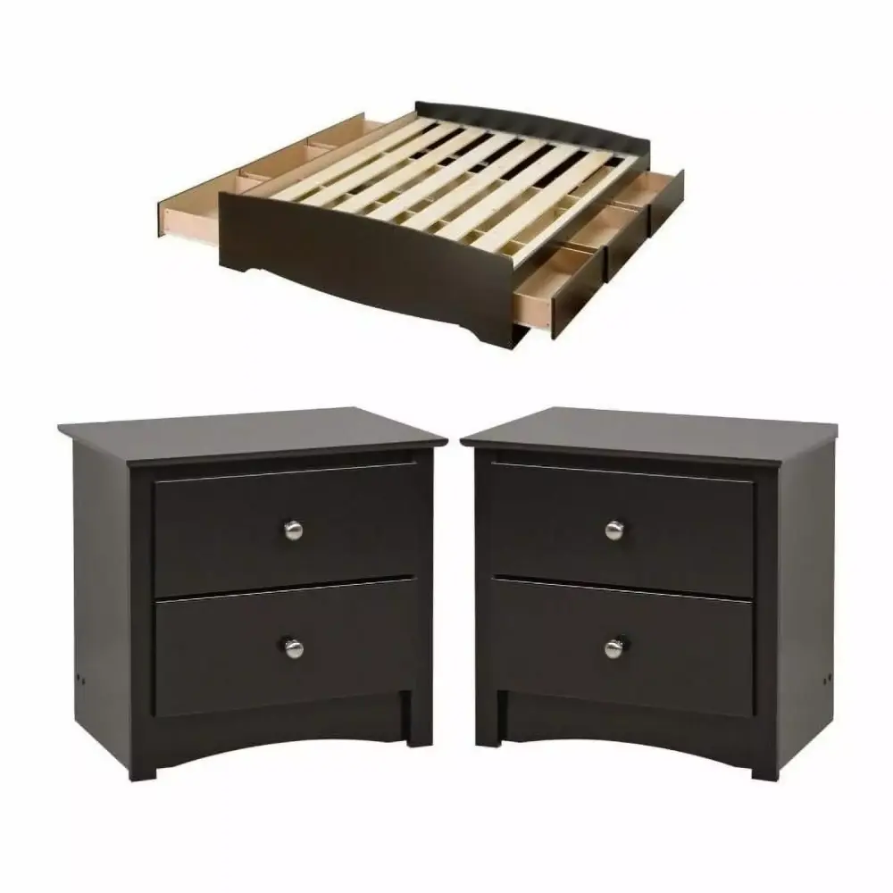 Home Square 3-Piece Set with King Platform Storage Bed & 2 Nightstands in Black
