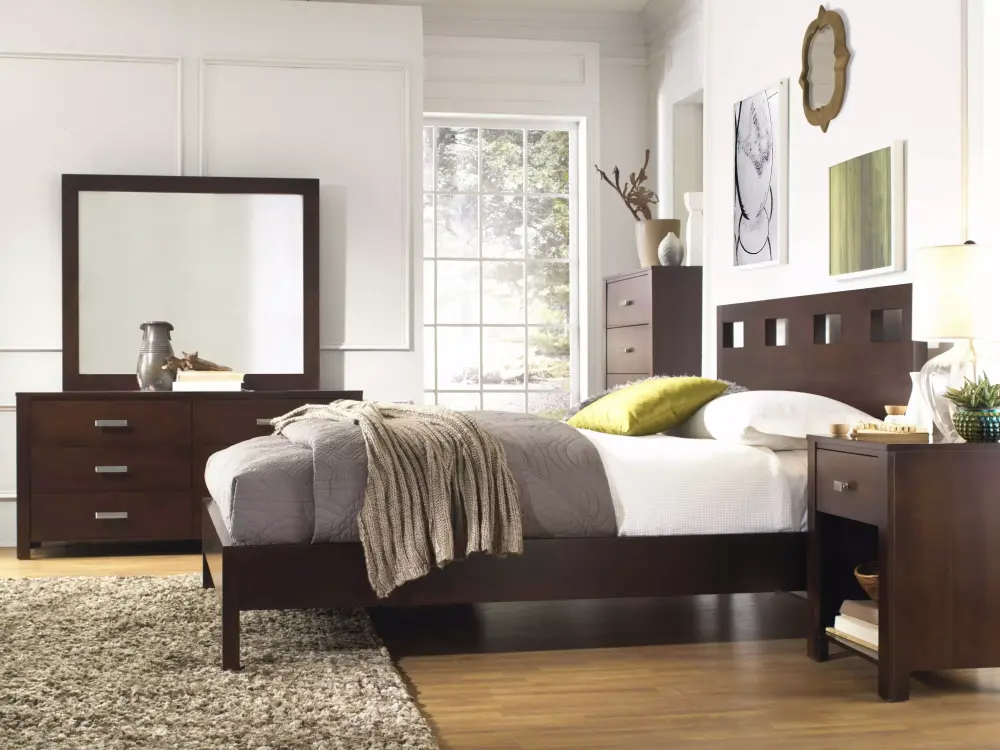 Ranshaw 5PC King Platform Bed with 2 Nightstands Dresser Mirror Mocha Brown Mahogany