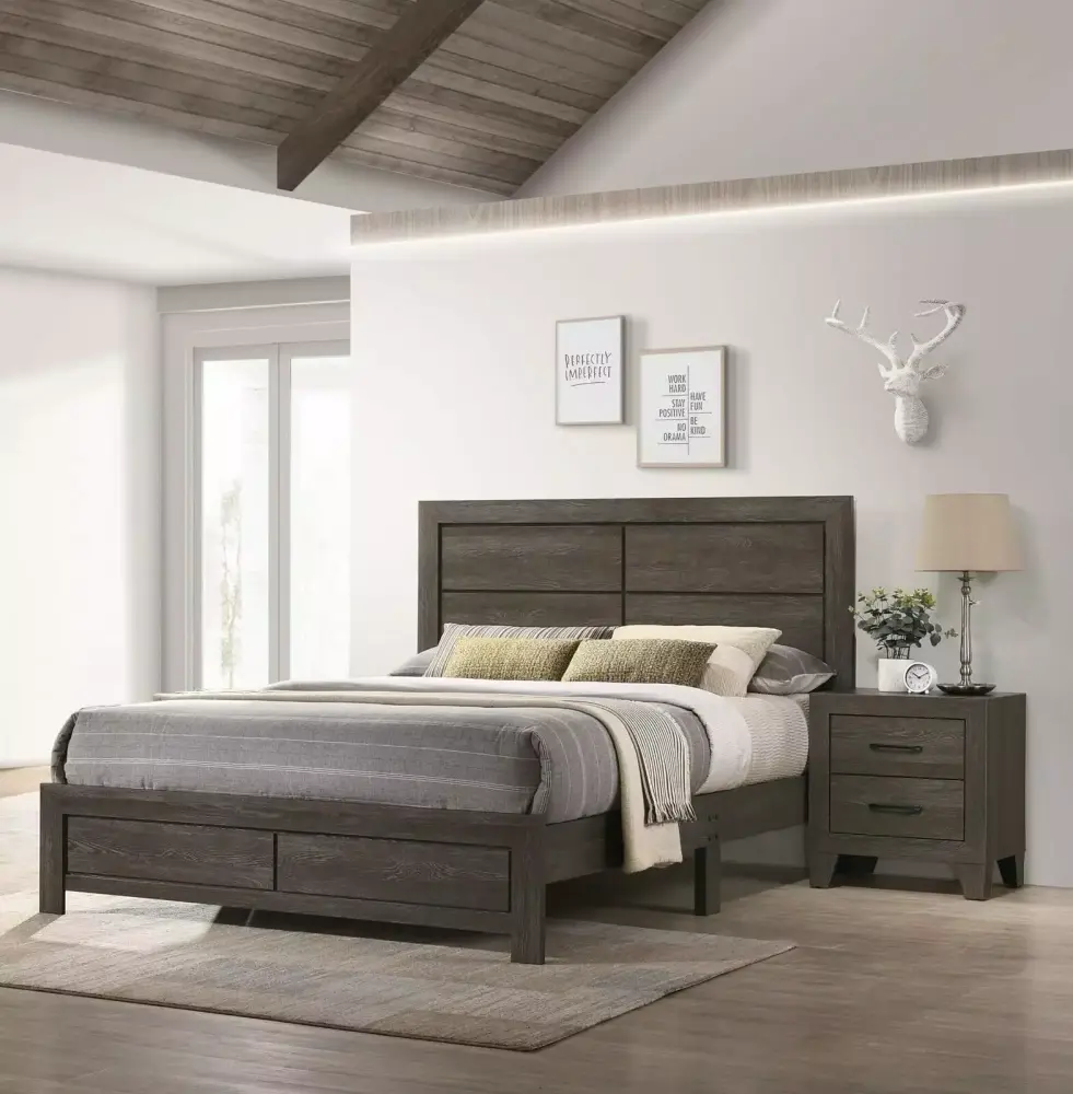 Contemporary 3pc Queen Size Platform Bedroom Set with Brown Finish Bed and 2 Nightstands