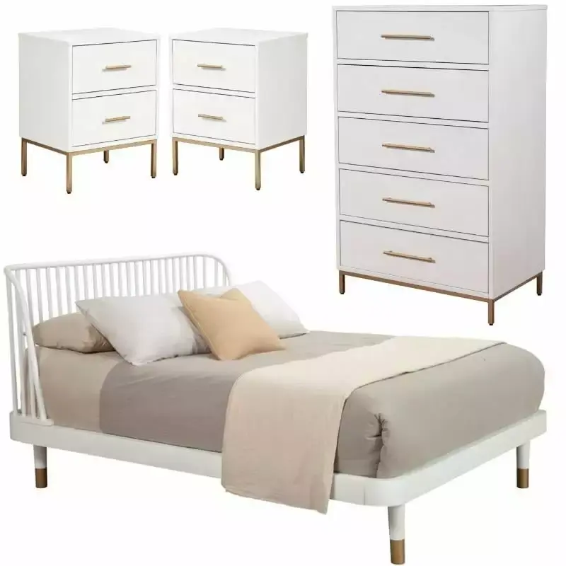 Home Square 4 Piece Set with Nightstand Chest and Queen Platform Bed in White - Sleek Look
