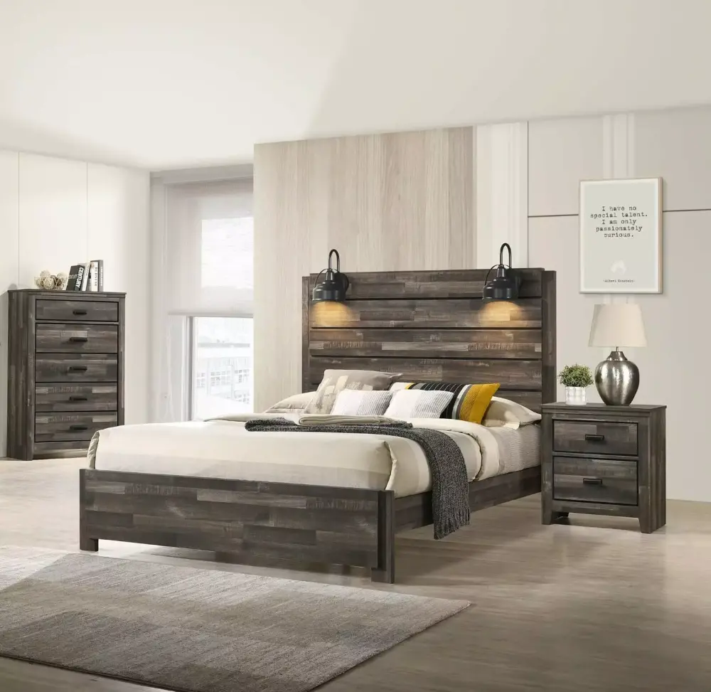 Rustic Brown Style 3pc Queen Platform Bed Chest Nightstand Set Built-In Lighting Bedroom Furniture