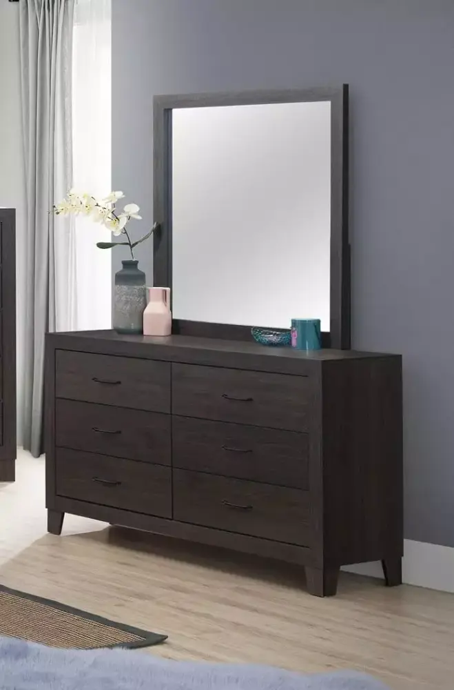 Transitional 4pc Twin Size Platform Bedroom Set with Dresser Mirror Nightstand Brown Wooden Furniture