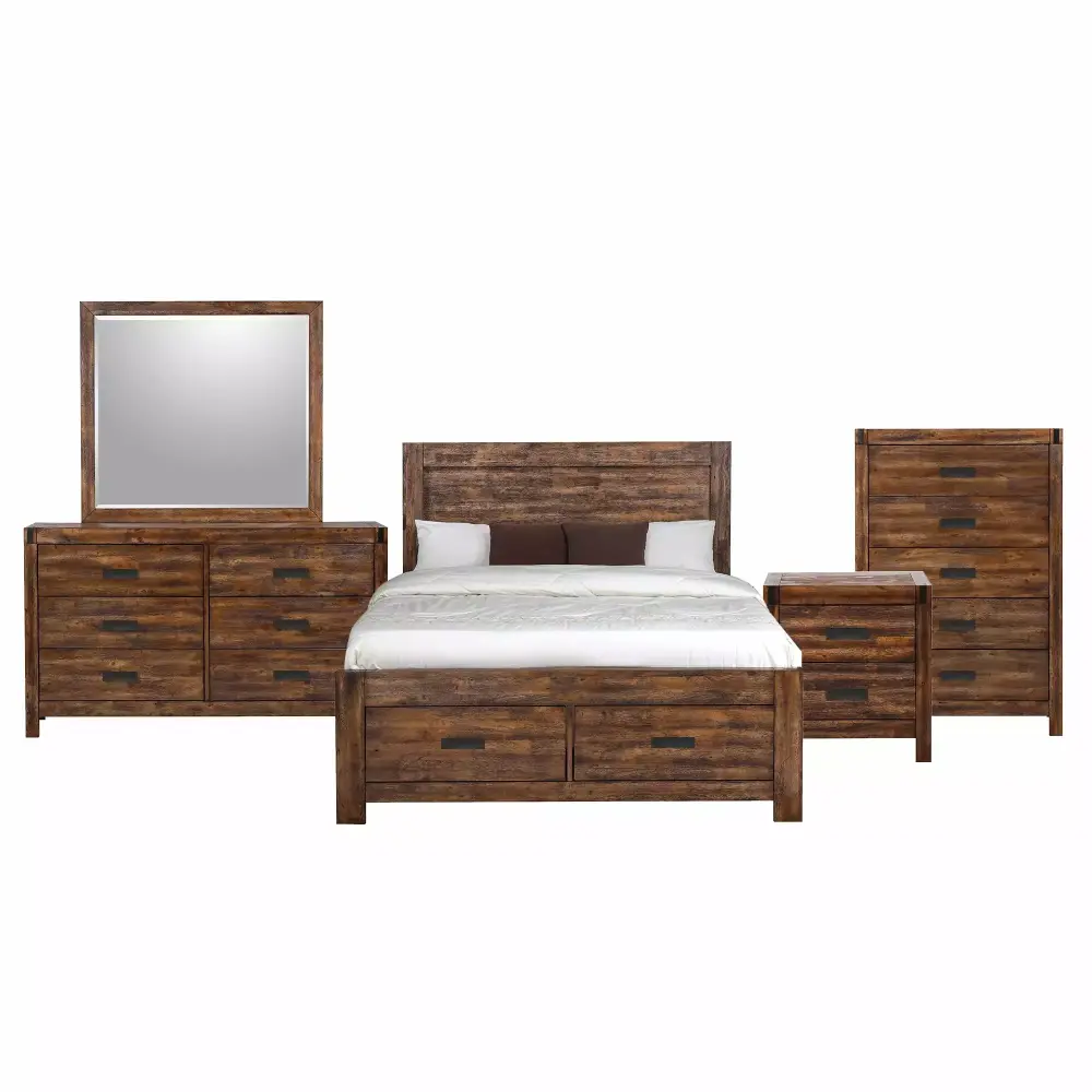 Picket Houtilize Wren King 5PC Platform Storage Bedroom Set in Chestnut Finish