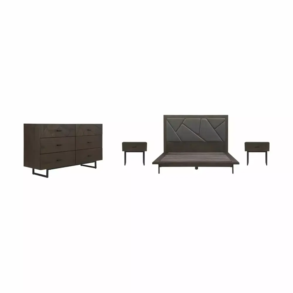 Homestock Rococo Radiance 4 Piece Size Platform Bed Frame Bedroom Set in Oak Wood with Faux Leather Headboard