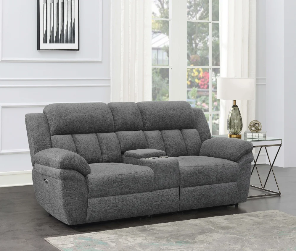 Bahrain Upholstered Power Loveseat with Console Charcoal - Electric Recliner with Cup Holders