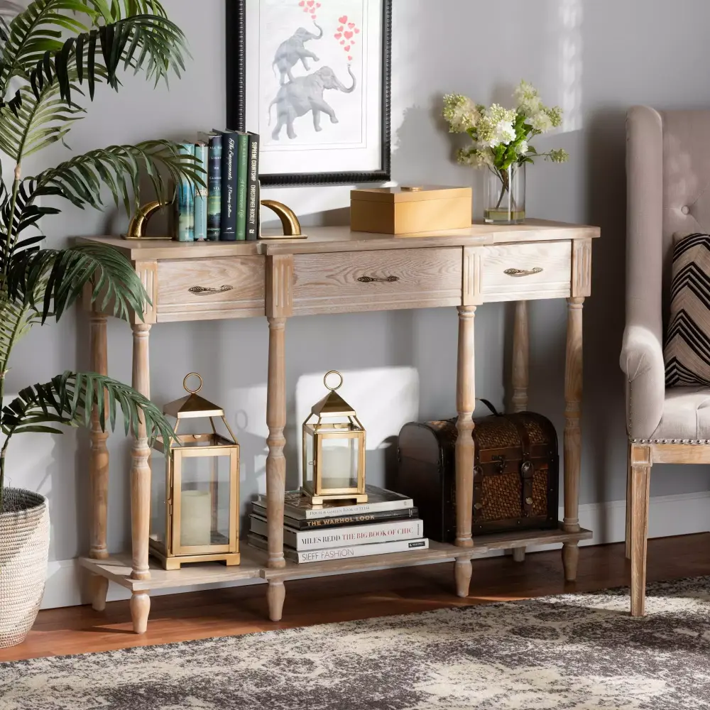 Baxton Studio Hallan French Provincial Rustic Whitewashed Oak 3-Drawer Console Table