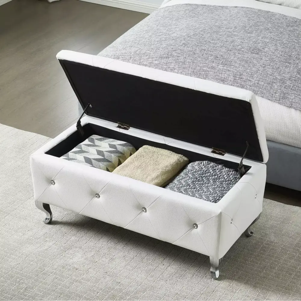 White PU Storage Bench with Solid Wood Structure and Safety Hinge Design