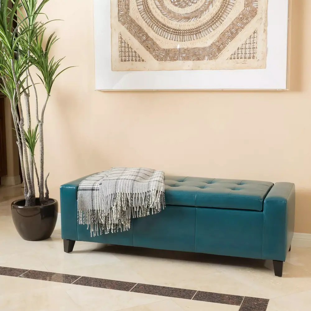 Noble House Henry PU Leather Tufted Storage Ottoman in Teal