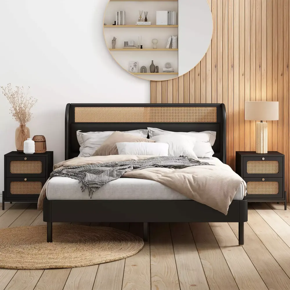 3 Pieces Modern Cannage Rattan Platform Queen Bed with 2 Nightstands in Black