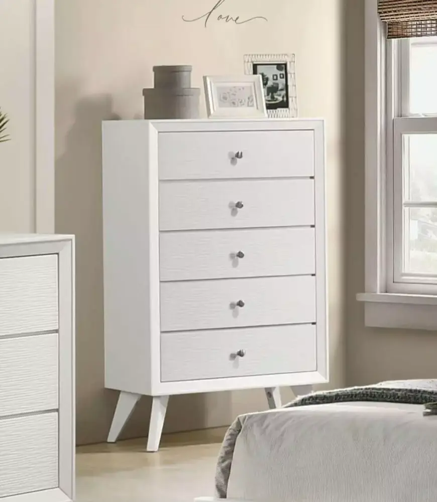 Contemporary Modern White Wooden Queen Size Bed Dresser Mirror 2 Nightstands Chest 6pc Bedroom Set