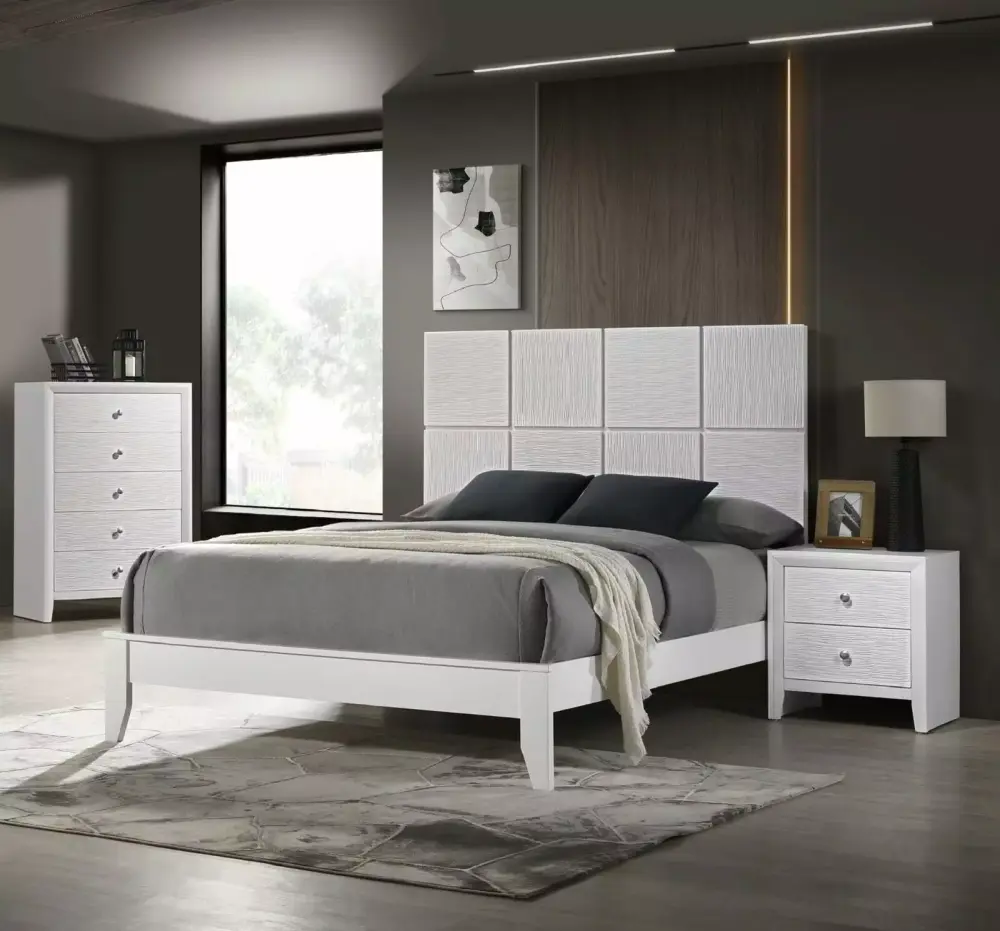 Pristine White Square Panel Queen Bed Chest Nightstand 3pc Bedroom Set