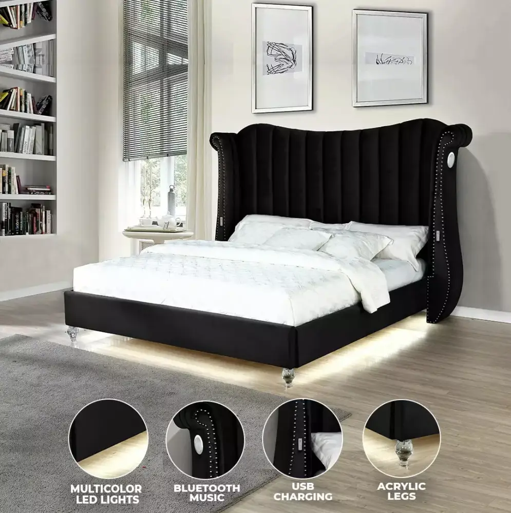 Sportaza Queen 4pc Upholstery Bedroom Set in Black with Wood Frame