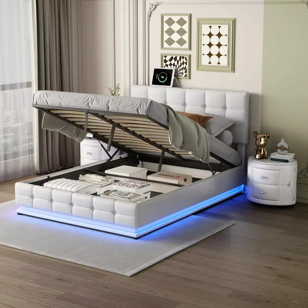 3-Piece Queen Size Upholstered Bedroom Set with LED Lights Hydraulic Storage and USB Charging Station