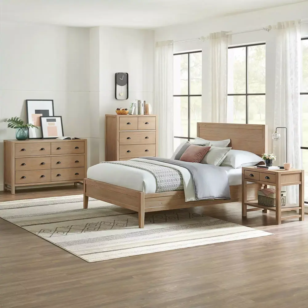 Arden 4pc Queen Bedroom Set with Open Shelf Nightstand Chest and Dresser