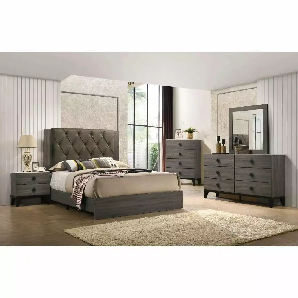 Fabric & Rustic Gray Oak Queen Bedroom Set 6PCS by Acme Avantika-27680Q-NS