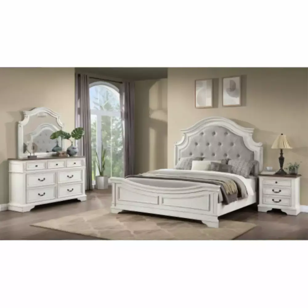 Noble Traditional Style 4 Pc Queen Bedroom Set with Button Tufted Upholstery Headboard Made with Wood in Antique White