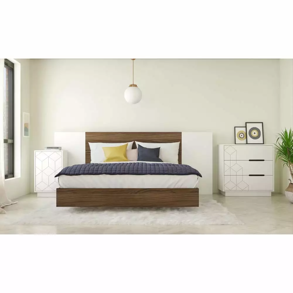 Nexera Symbol 5-Piece Queen Size Bedroom Set in Walnut and White