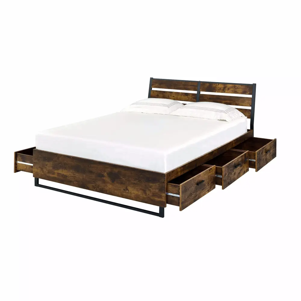 Rustic Oak & Black Finish Queen Bedroom Set with Storage