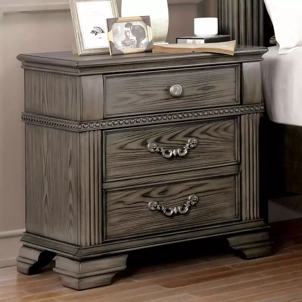 Traditional Antique Gray Solid Wood 4pc Bedroom Set Queen Size Bed Dresser 2x Nightstands Reeded Posts