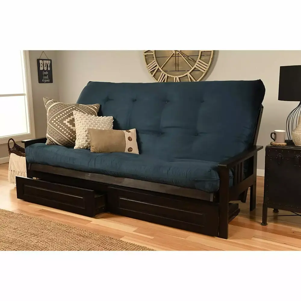 Homestock Beachy Boho Queen Futon Frame Espresso Finish Suede Navy Mattress Storage Drawers