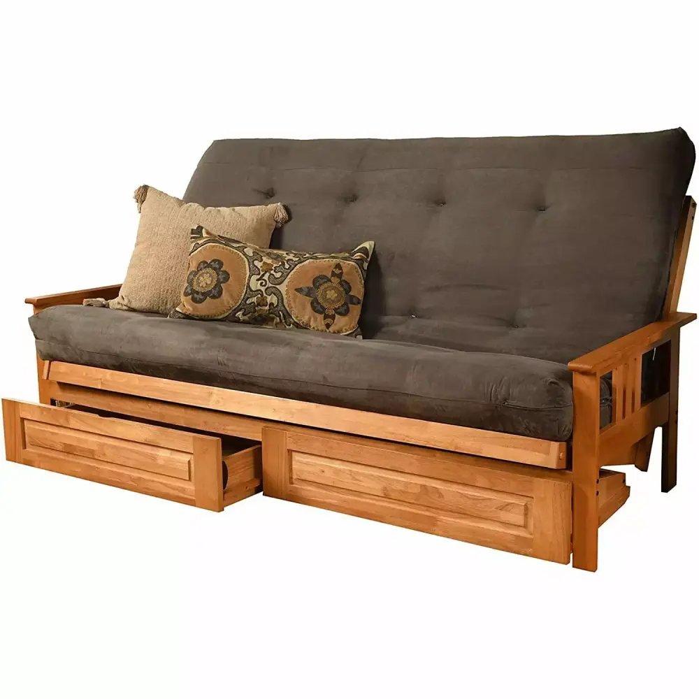 Homestock Contemporary Chic Queen Futon Frame Butternut Finish Suede Gray Mattress Storage Drawers