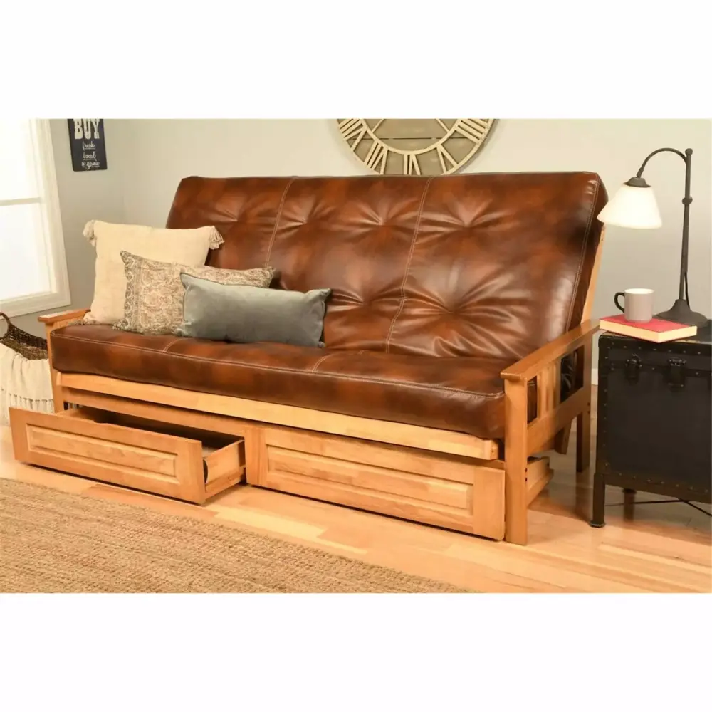 Kodiak Furniture Monterey Queen Frame with Butternut Finish Oregon Trail Saddle Mattress and Storage Drawers
