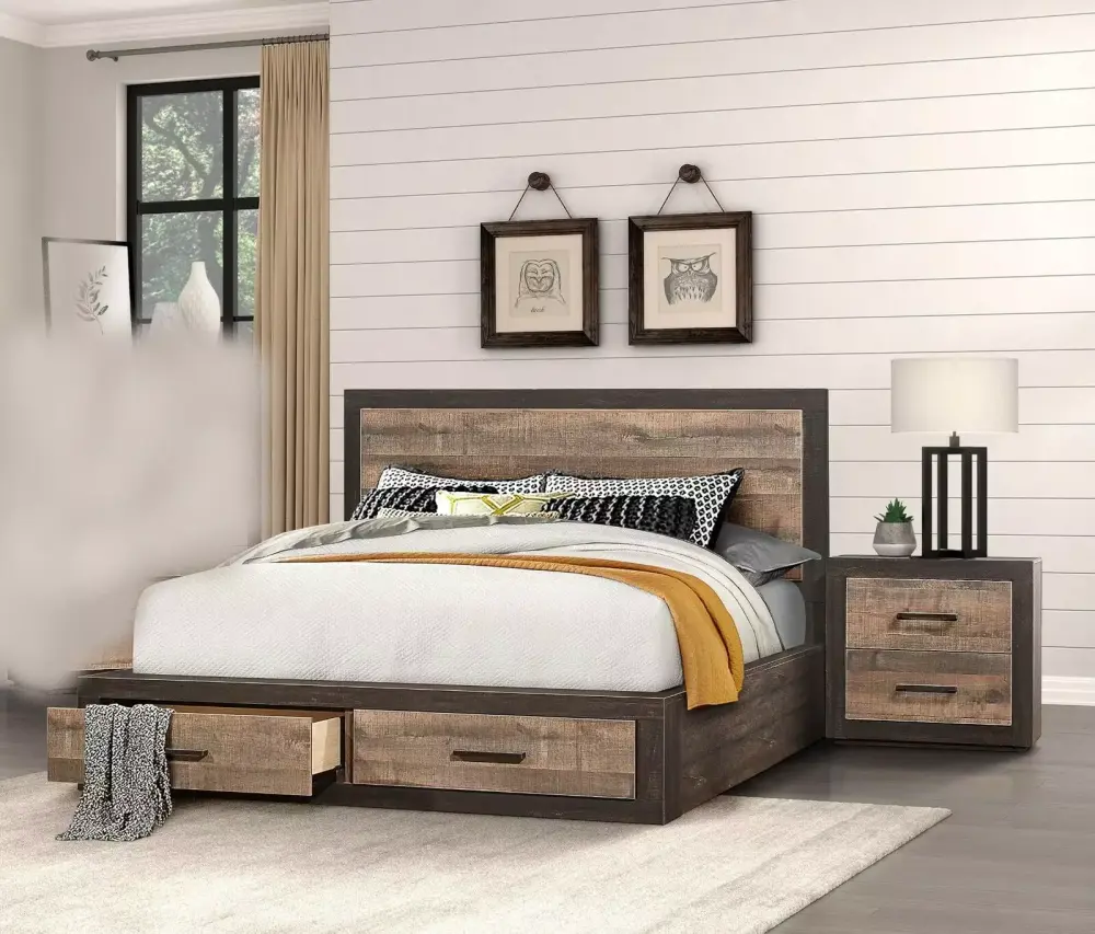 3 Piece Queen Size Platform Bed Set with Drawers and Two Nightstands Two-Tone Finish