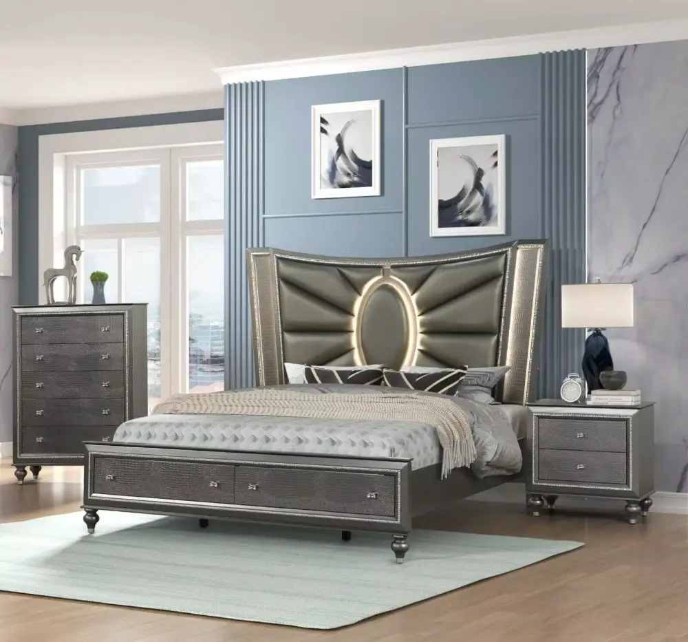3pc Luxury Charcoal Queen Size Storage Bed LED HB Chest Nightstand Set Bedroom Furniture