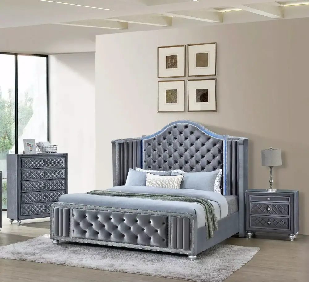 3pc Queen Size Bed Chest Nightstand Set LED Wing Back Headboard Gray Upholstery Furniture