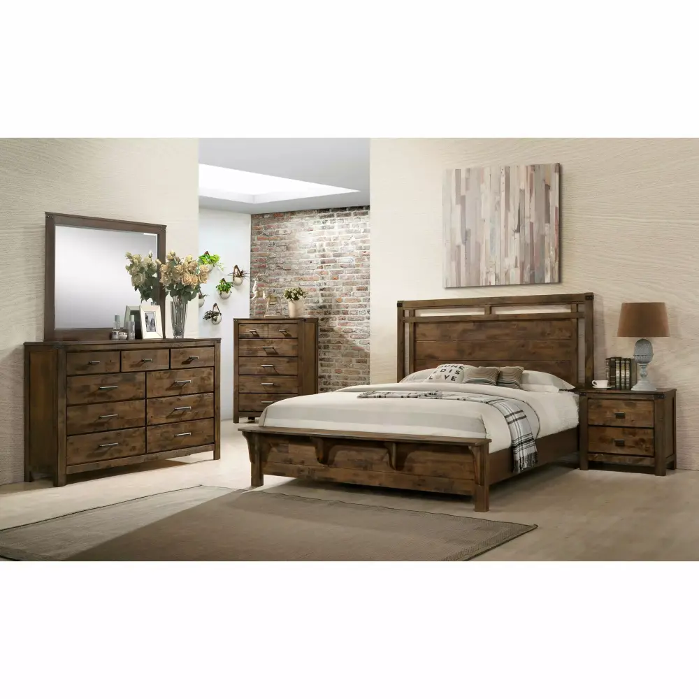 6pc Contemporary Rustic Queen Size Bedroom Set with Dresser Mirror Nightstand Chest Wooden