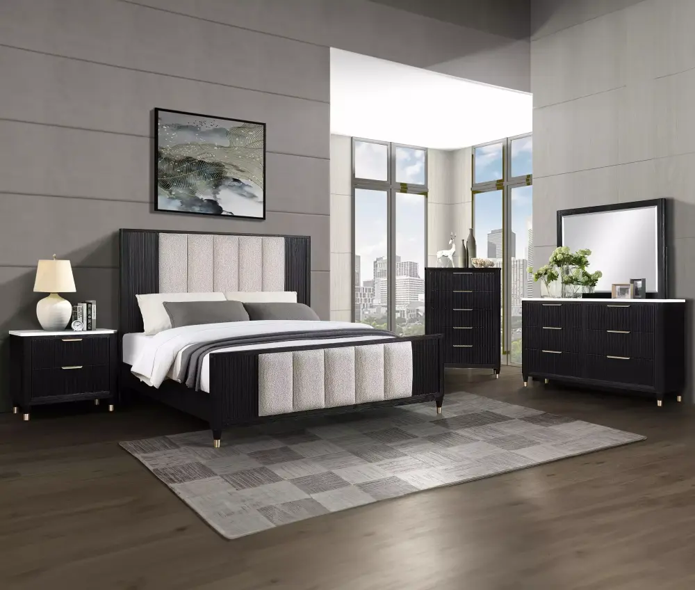 Black Finish Beige Upholstery Wooden Queen Size Panel Bed 5pc Bedroom Furniture Set