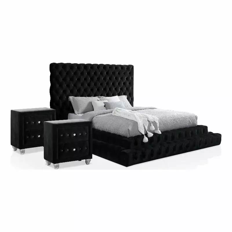 Bowery Hill 3pc Black Fabric Upholstered Bedroom Set - Queen + 2 Nightstands