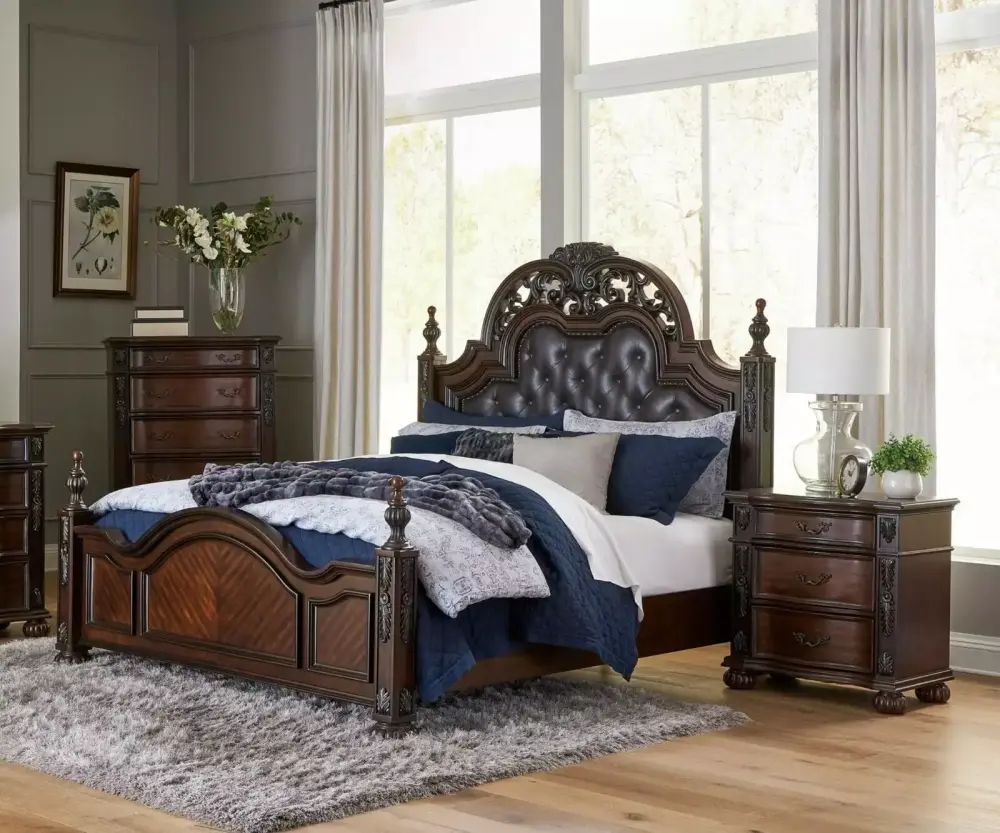 Cherry Finish Traditional 3pc Queen Bedroom Set with Two Nightstands Wooden Furniture