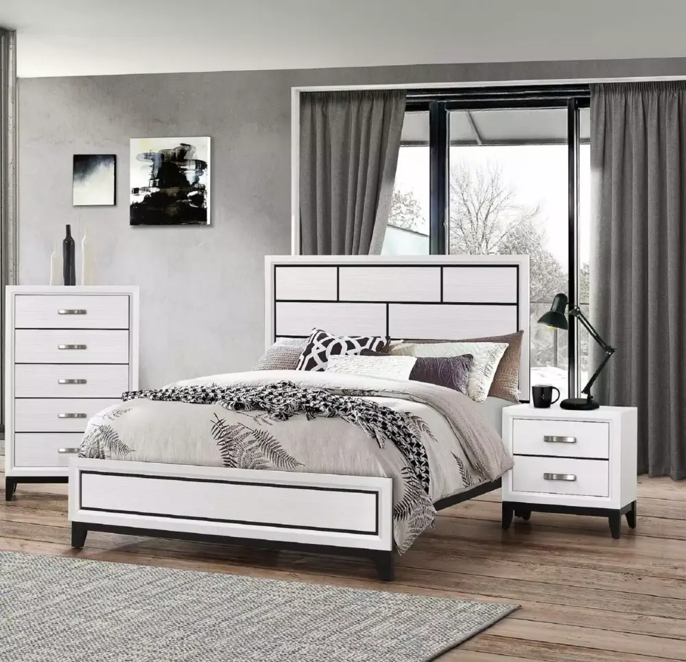 Contemporary 3pc Queen Size Bedroom Set with Bed Chest Nightstand in White Finish