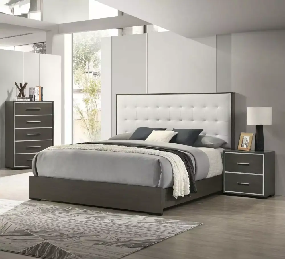 Contemporary 3pc Queen Size Upholstered Bed Set with Nightstand and Chest in Brown Gray Finish